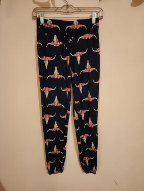 Say Anything Cow Skull & Floral Jogger Pajama Pants - Medium